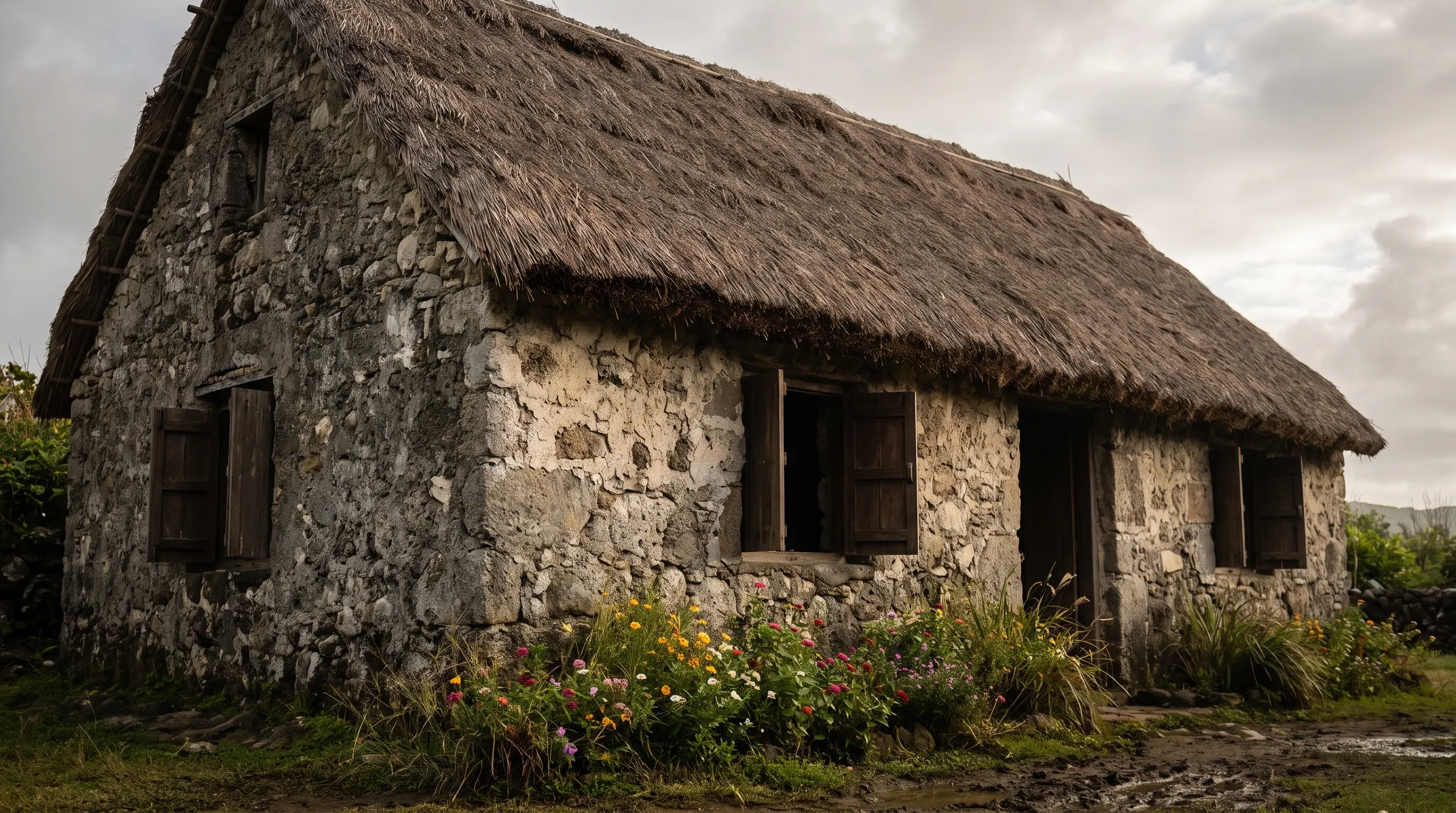 A traditional Ivatan stone house with thick limestone walls and a deep cogon-grass roof