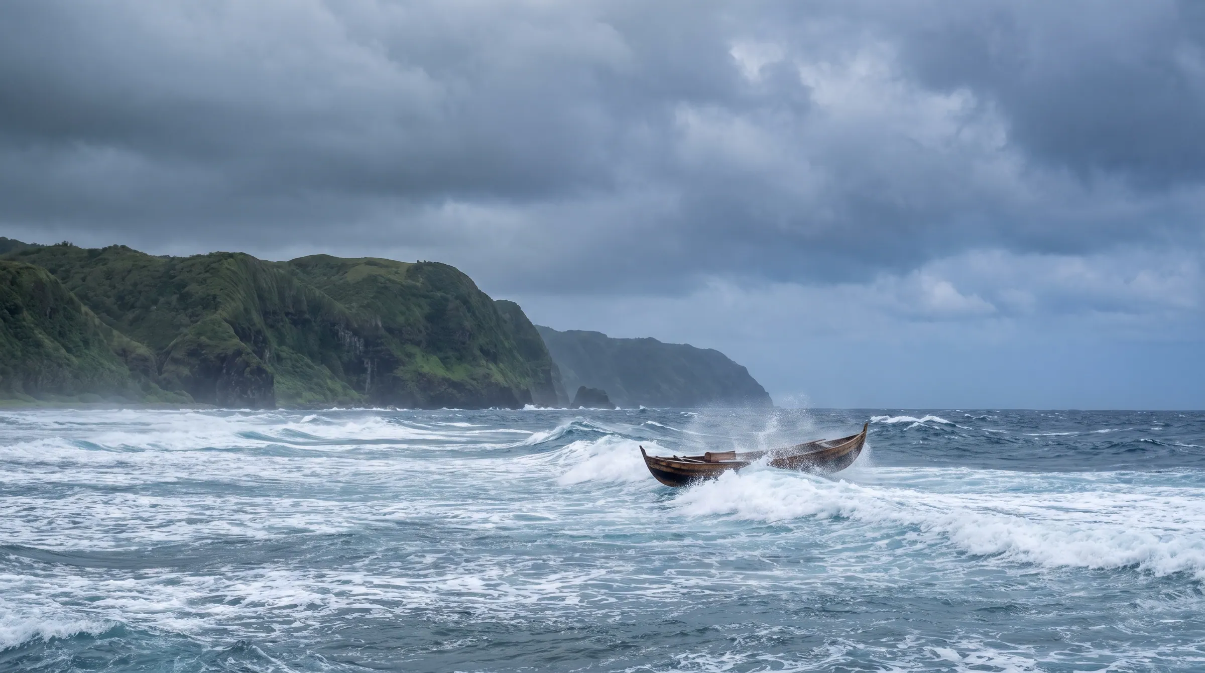 A traditional Ivatan falowa boat riding heavy ocean swells on the channel crossing between Batan and Sabtang