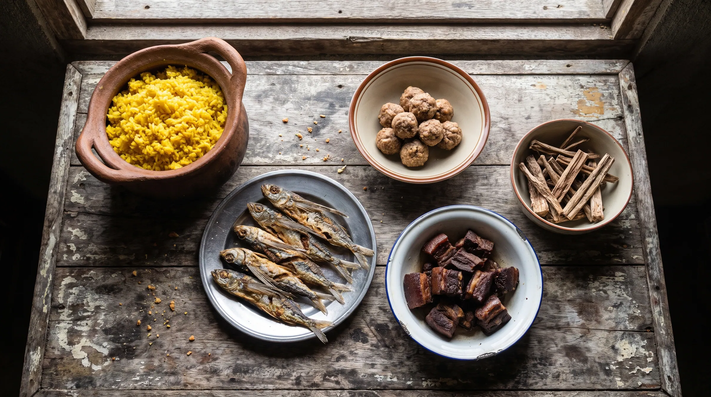 A traditional Ivatan meal of supas rice, fried dibang, luñis pork, uved and vunes on a wooden table