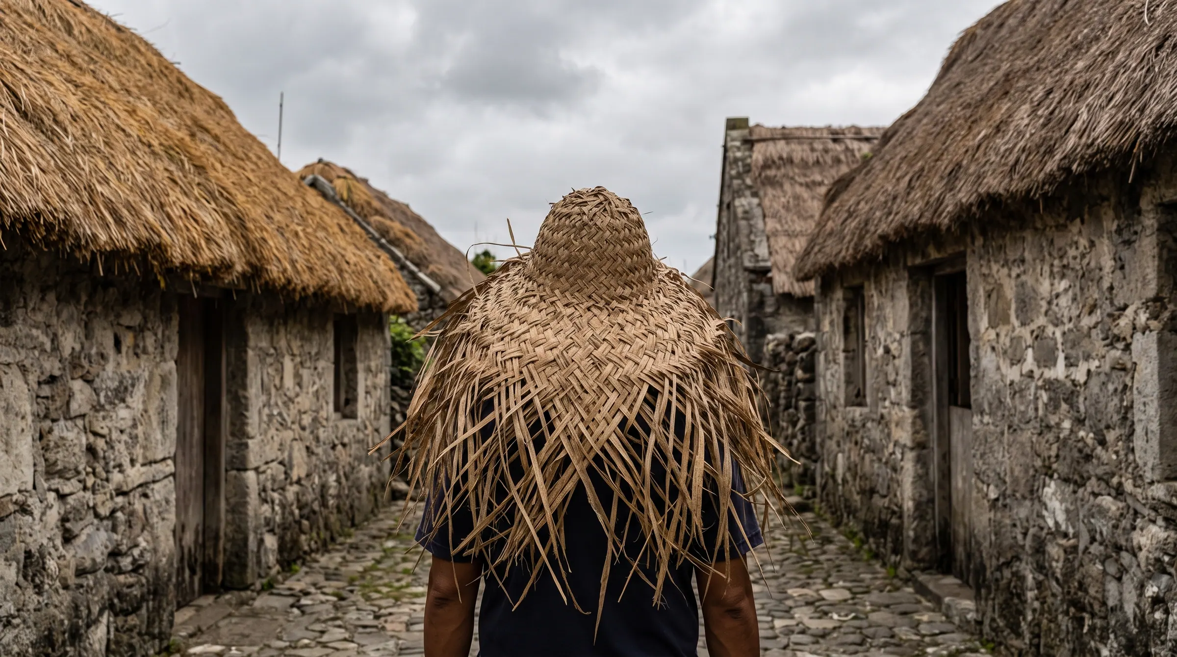 A traditional voyavoy palm vakul worn through a lane of limestone stone houses with cogon grass roofs
