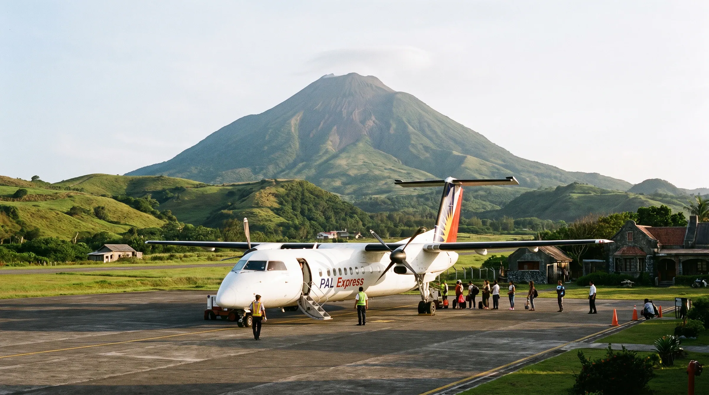A turboprop aircraft on the tarmac at Basco Airport with Mount Iraya rising behind the green hills