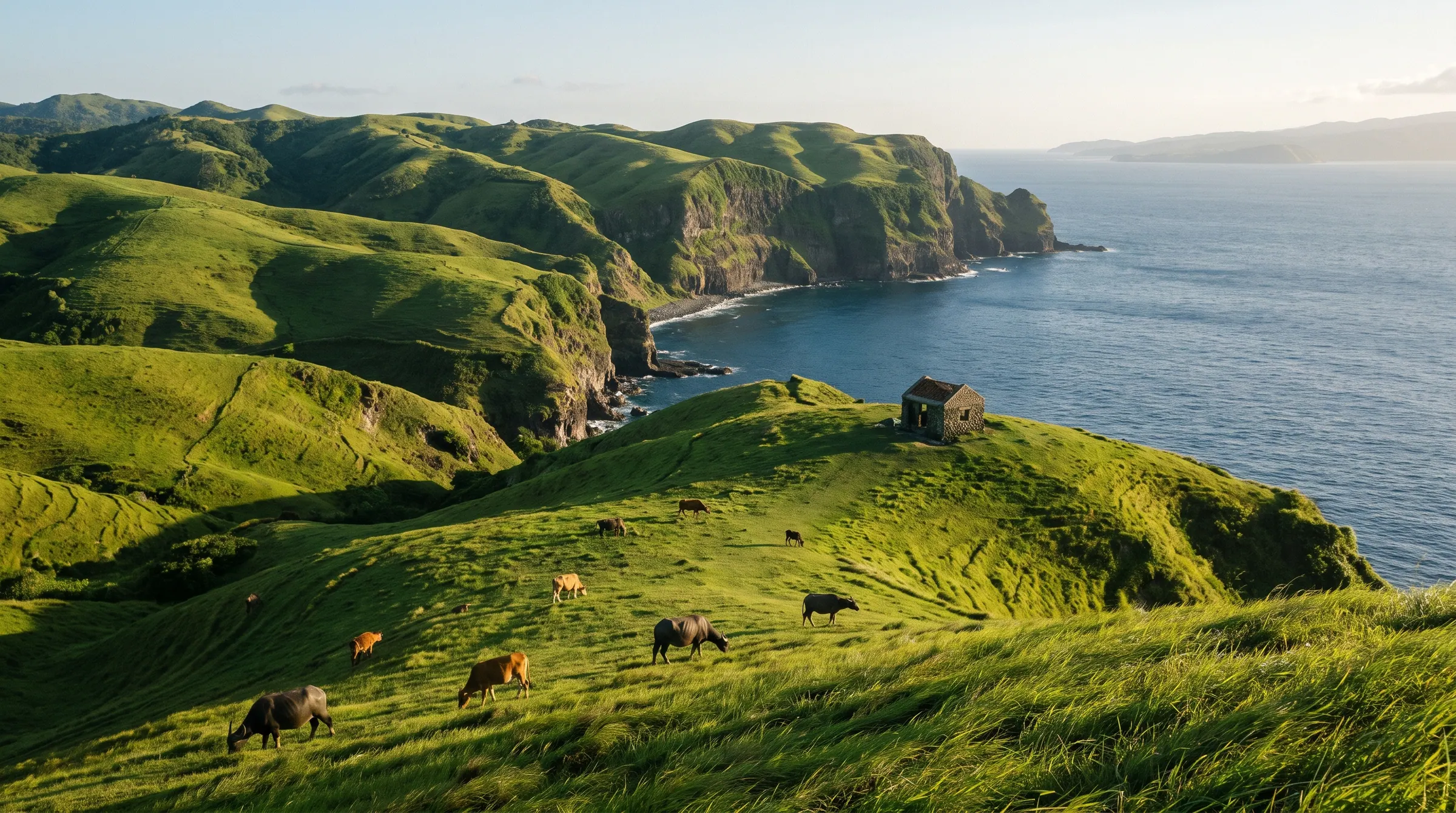 Rolling green hills and sea cliffs of Racuh a Payaman on Batan Island, carabao grazing above the ocean