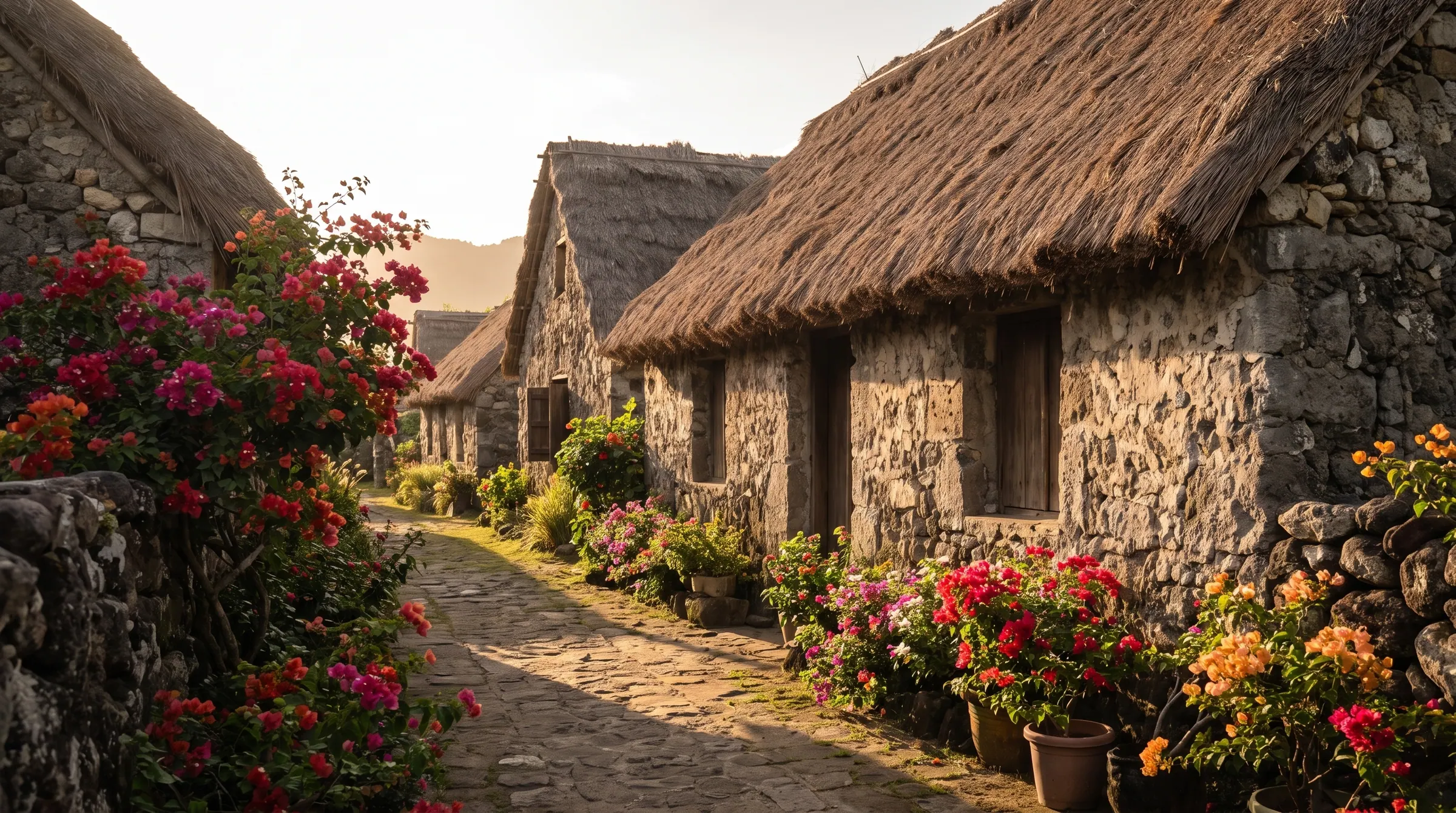 A quiet Ivatan village lane of stone houses with cogon-grass roofs and bougainvillea at golden hour in Batanes