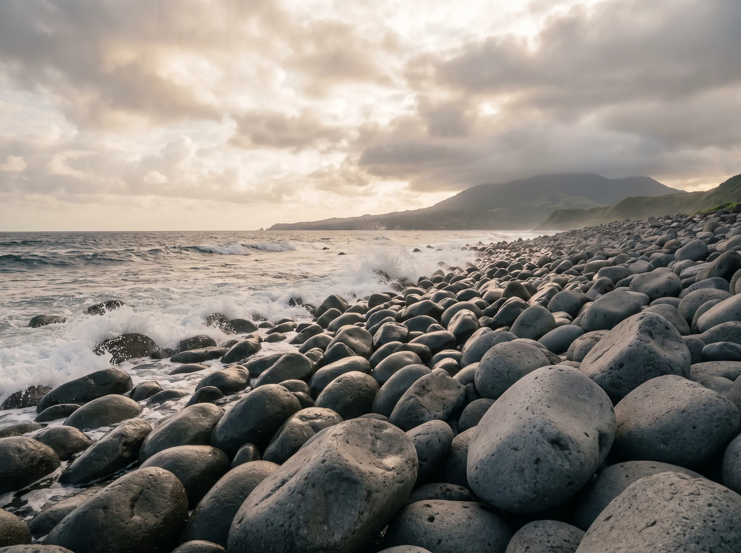 The andesite boulder shoreline of Valugan Beach under Mount Iraya